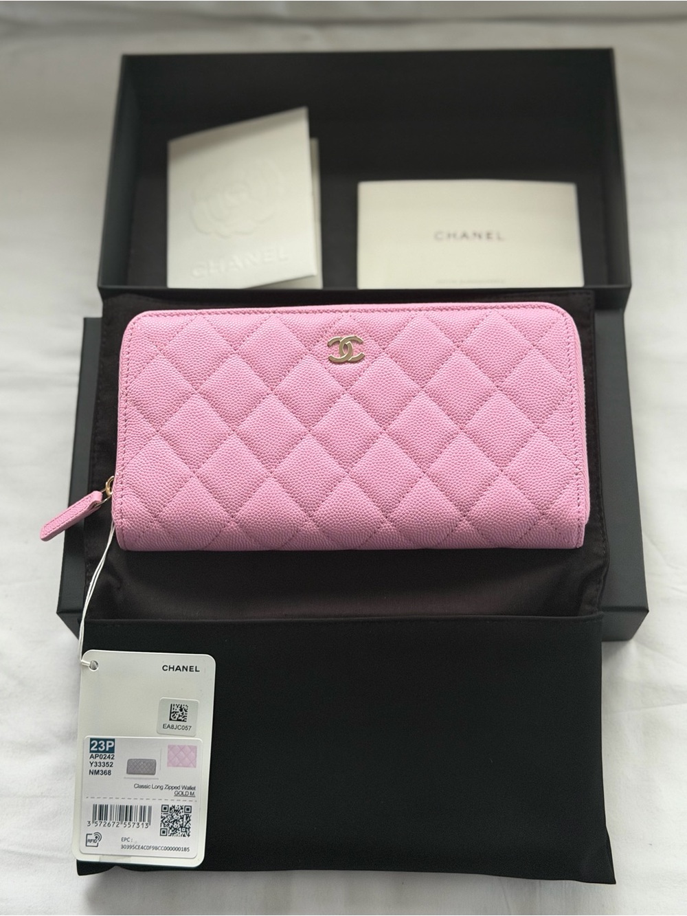 CHANEL Pink Quilted Caviar Long Zip-Wallet with Gold CC